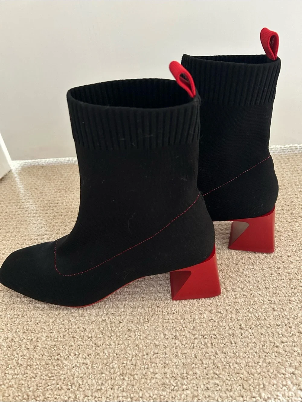 Vivaia Water-Repellent Square Toe Block Heeled Ankle Boots Red & Black Size 40